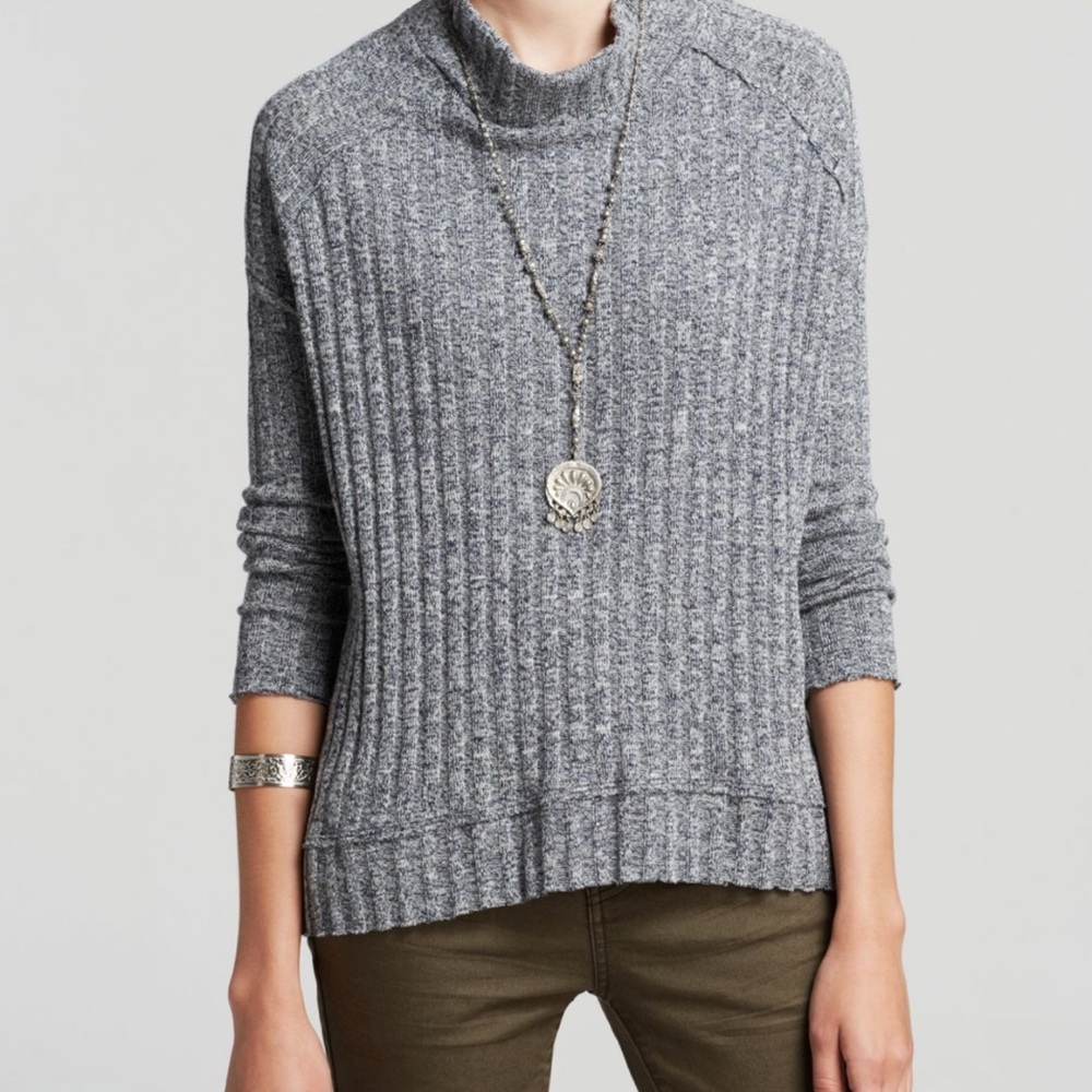 Free People Black & White Mottled Ribbed Cowl Neck Sweater